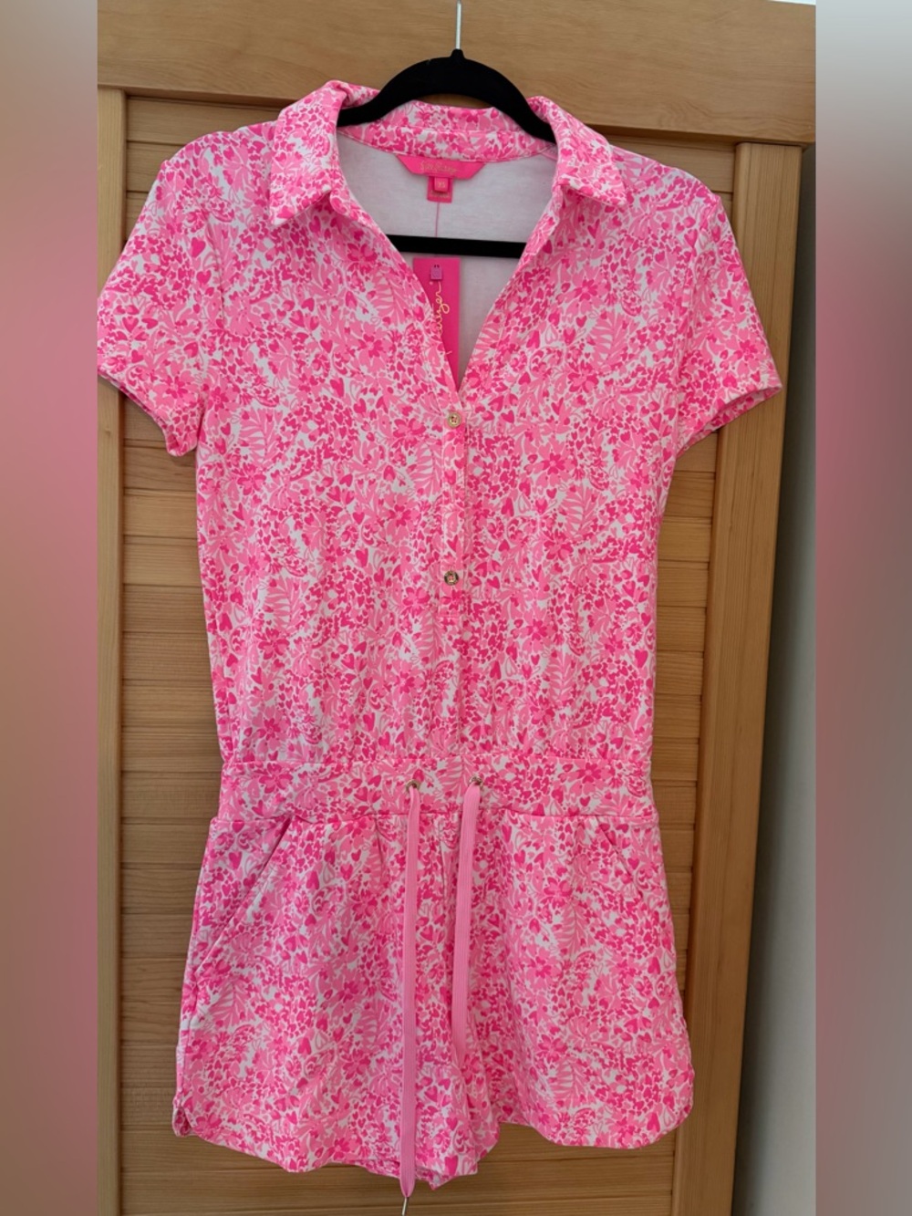 Lilly Pulitzer Pink Floral Short-Sleeve Drawstring Shorts Romper